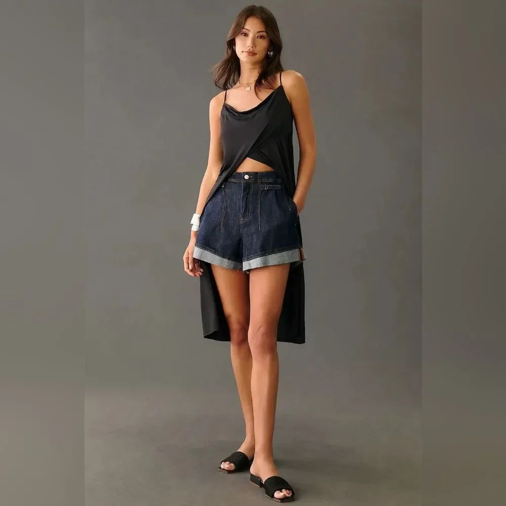 NWT Anthropologie Pilcro Cinch-Waist Roll-hem Dark Wash Shorts Size 30 - Picture 3 of 11
